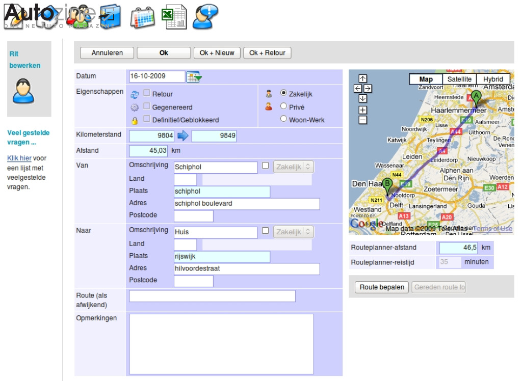 Kilometerregistratie (RitAssist screenshot)